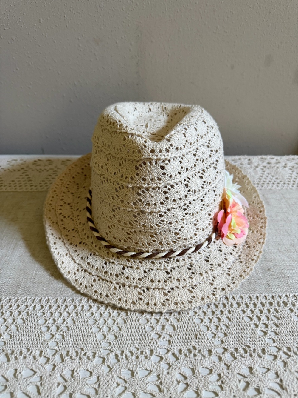 Woman's Boho Crochet Beach
Cream Fedora Hat Silk Flowers
Accent